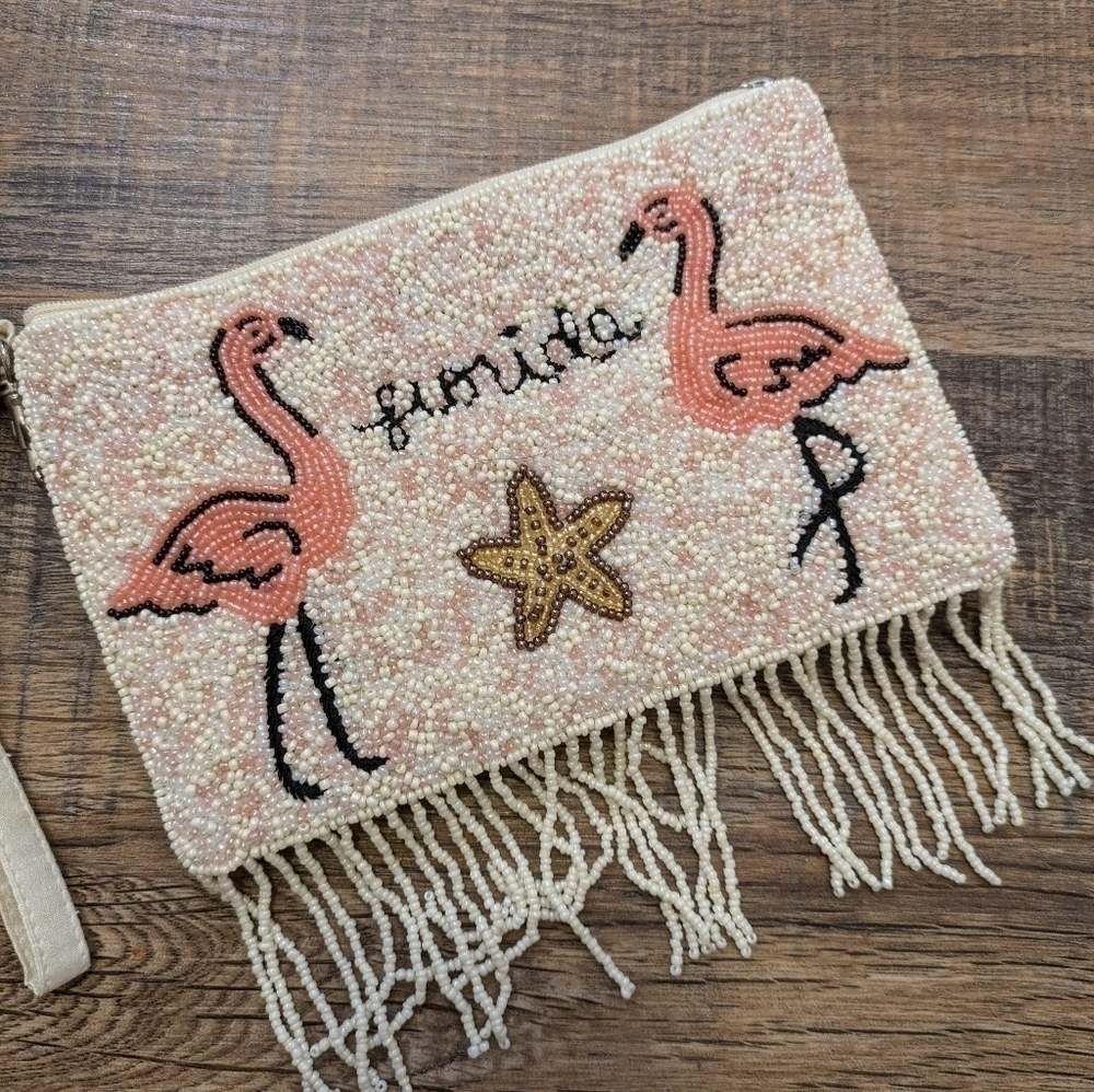 Bamboo Trading Company Beaded Flamingo Small Bag